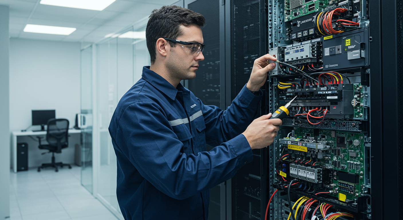 Técnico realizando manutenção preventiva em um nobreak em ambiente empresarial.