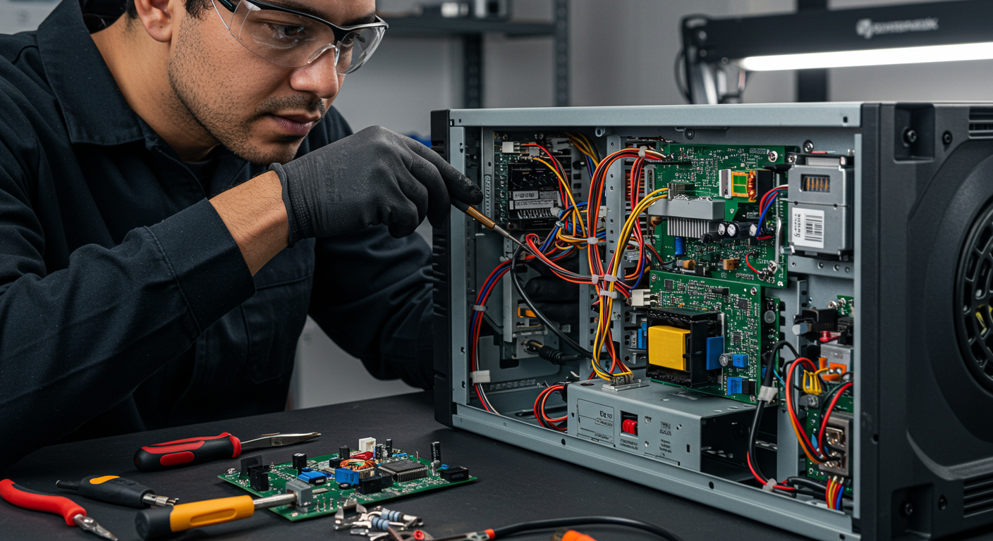Técnico especializado inspecionando componentes internos de um nobreak.